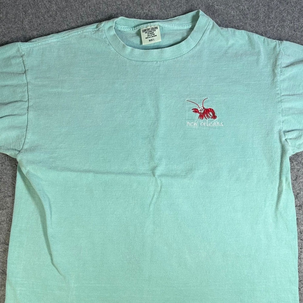 Comfort Colors New Orleans Embroidered Crawfish T-Shirt Mens Large Teal Green